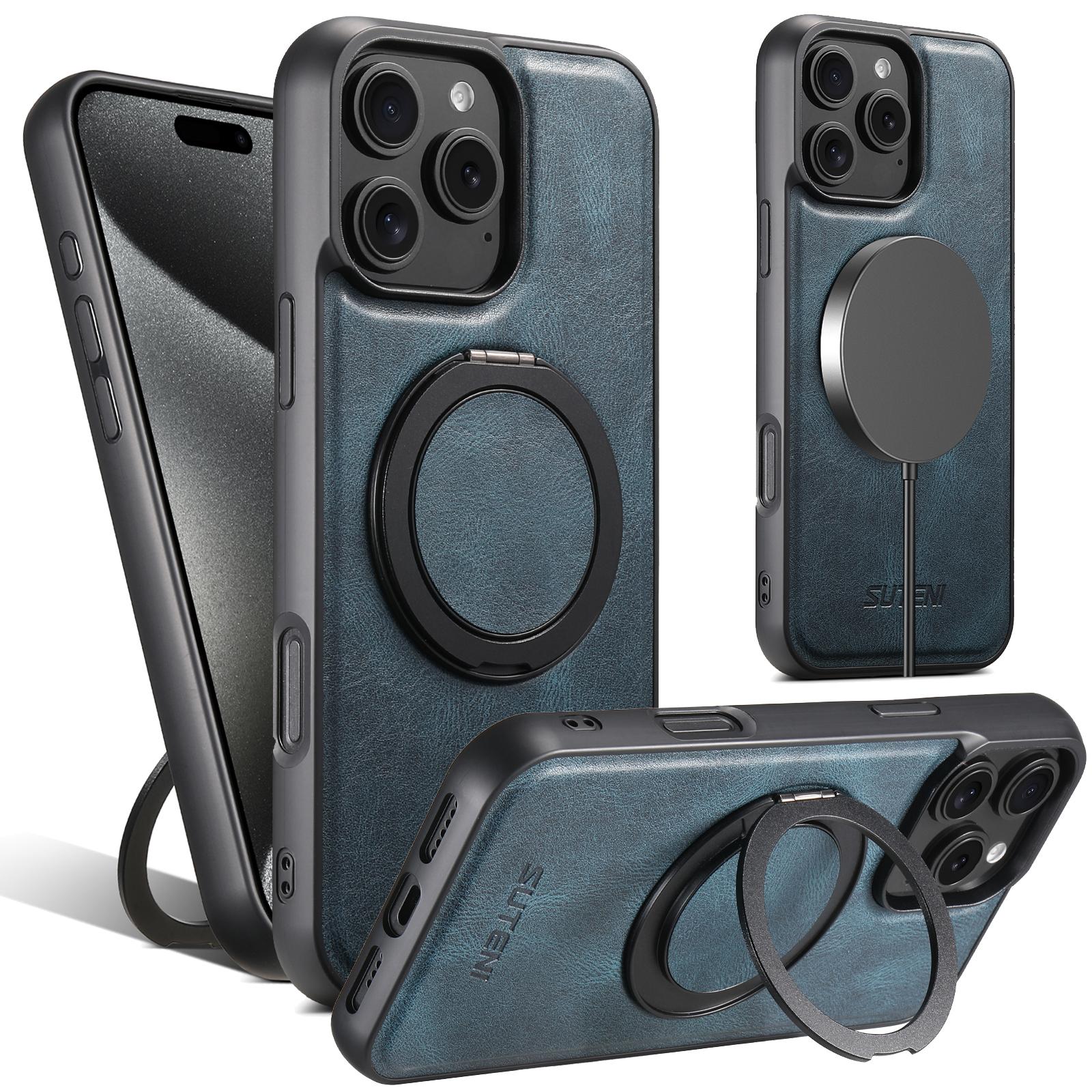 

SUTENI G3 For iPhone 16 Pro Case Compatible with MagSafe Waxy Texture 360° Rotating Kickstand Leather Phone Back Cover B