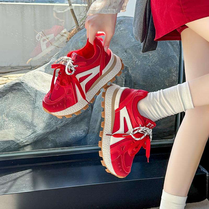 Red Thin German Training Shoes Women's Inner Height Increase of 6cm Spring and Autumn Thick Sole Versatile Small Trend Sports and Leisure Shoes