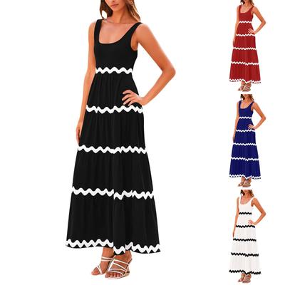 Vestido de Verano Casual de Moda para Mujer sin Mangas Cuello Redondo en Capas Fluido para Vacaciones en la Playa Fiesta Chaleco Largo Vestido Maxi