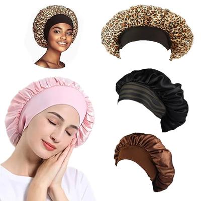 1 x Satin-Schlafmütze, groß, elastisch, breit, weiches Band, bunte Seidenmütze für lockiges Haar, Pflege, Schönheits-Make-up für Frauen