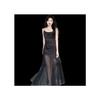 French Swinging Neck Mesh Splicing Dress Women's Summer High Sense Black Satin Suspender Temperament Slim Pleated Dress