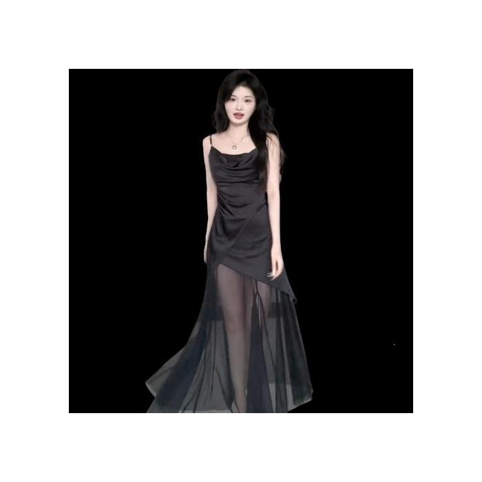 French Swinging Neck Mesh Splicing Dress Women's Summer High Sense Black Satin Suspender Temperament Slim Pleated Dress