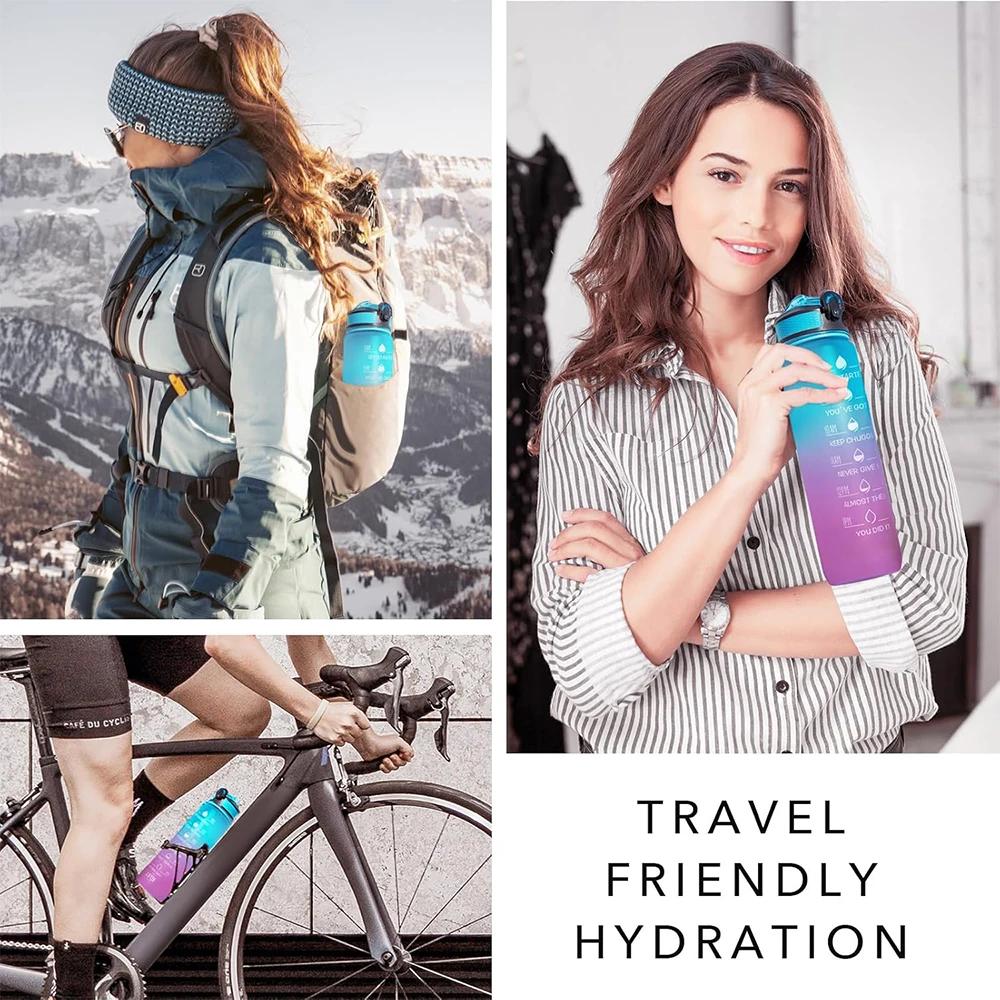 32 oz Auslaufsichere Wasserflaschen mit Trinkzeiten und Strohhalm Motivierende Trink-Sportwasserflasche für Fitnessstudio Outdoor