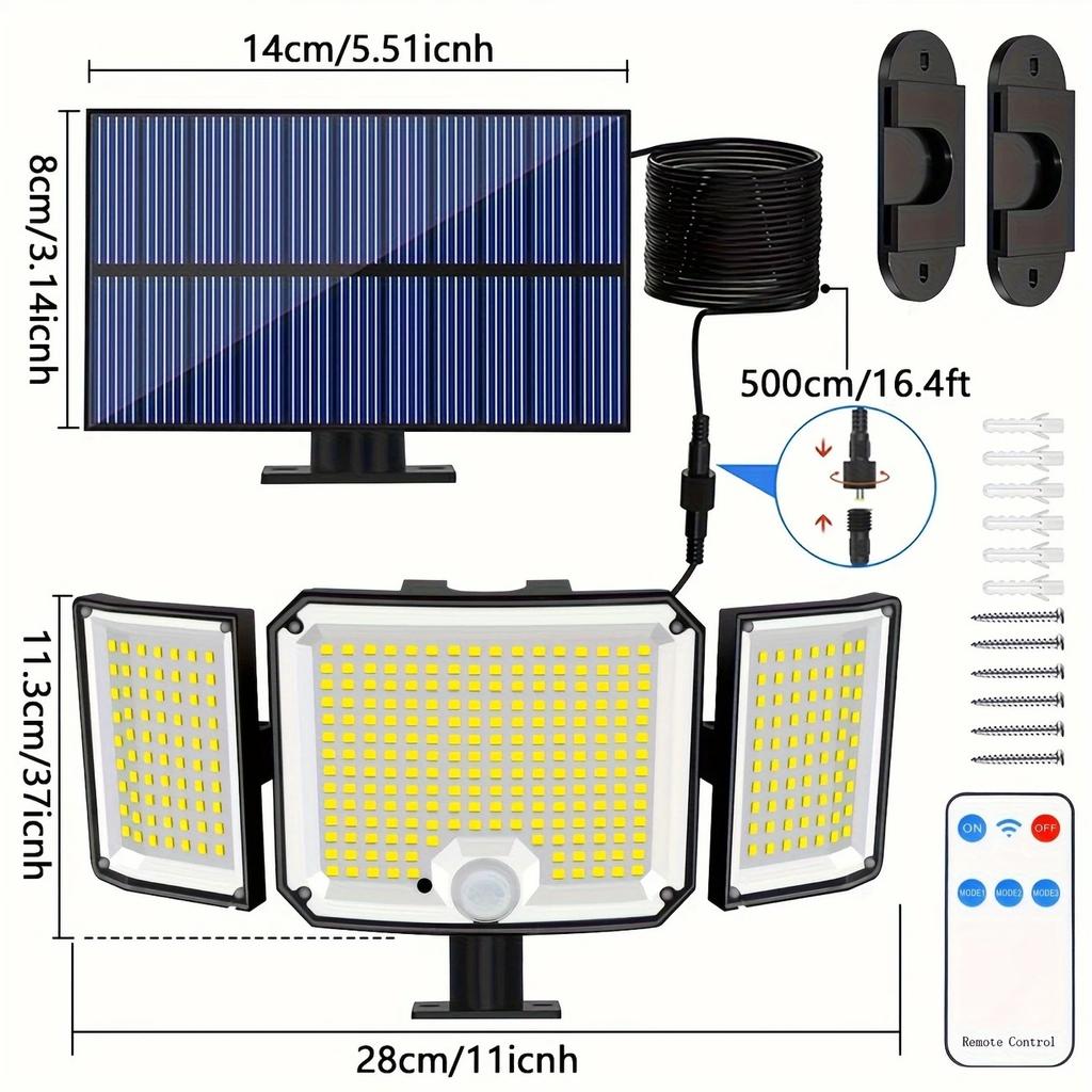 346LED Solar Motion Sensor Light with Remote 3 Modes Waterproof Outdoor Solar Security Flood Lights for Garden Patio Garage Lamp