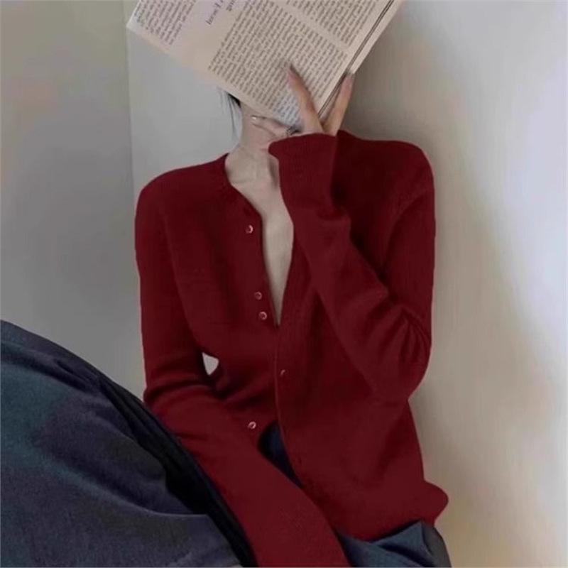 

Raspberry Pink Knit Cardigan Coat: Chic Winter Sweater for Women L (106-115 Jin) червоний