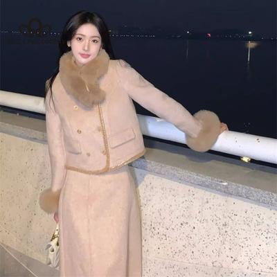Autumn and Winter New Hair Collar Tweed Skirt Jacket Women Senior Two-piece Set Casual Style Long Coat