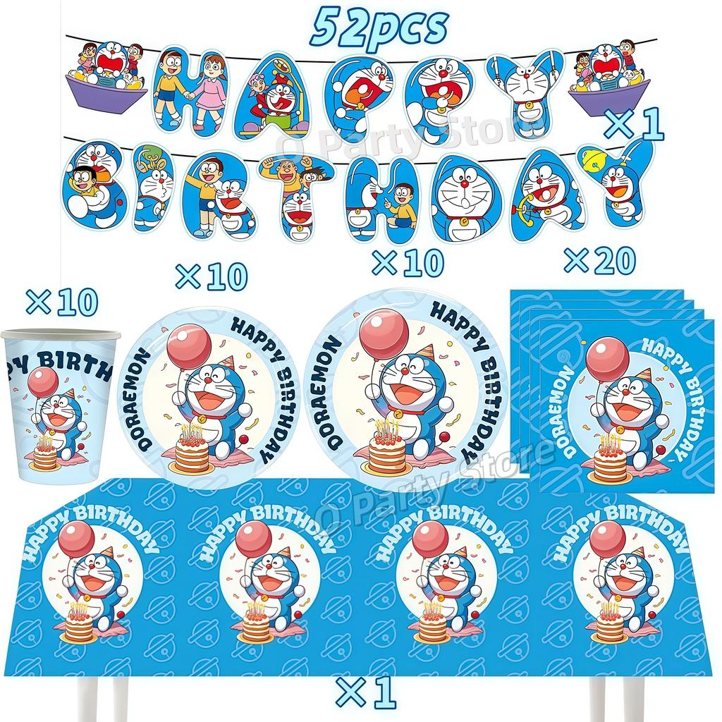 Doraemons Birthday Party Decoration Tableware Plate Cup Balloon Cake Topper Banner Stickers Kids Favor Gift Baby Shower Supplies