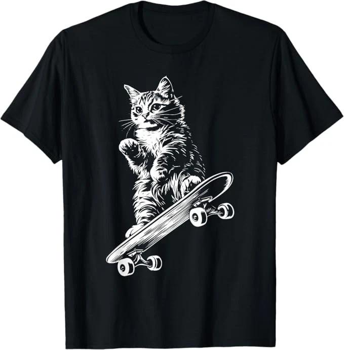 Funny Cat Skateboard Skater Graphic T-Shirt XL