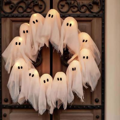 Halloween Ghost Wreath with 12 LED Lights Small Light-up White Ghost Hanging Wreath for Front Porch Door Wall Indoor Outdoor Decoration
