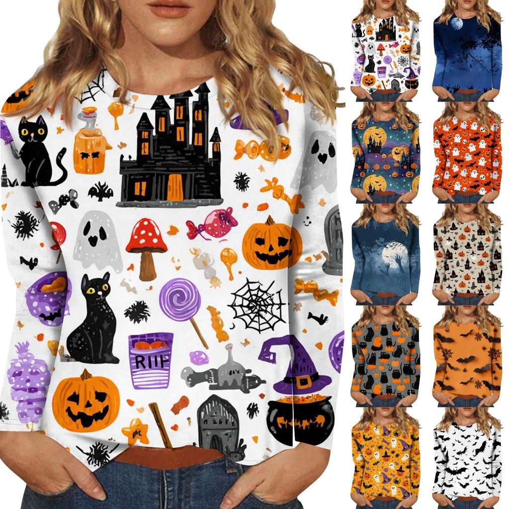 Women's long-sleeved loose-necked Halloween print casual top , suitable for holiday parties