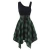 Fashion Women Sleeveless Cold Shoulder Cross  Plaid Print Irregular Dress