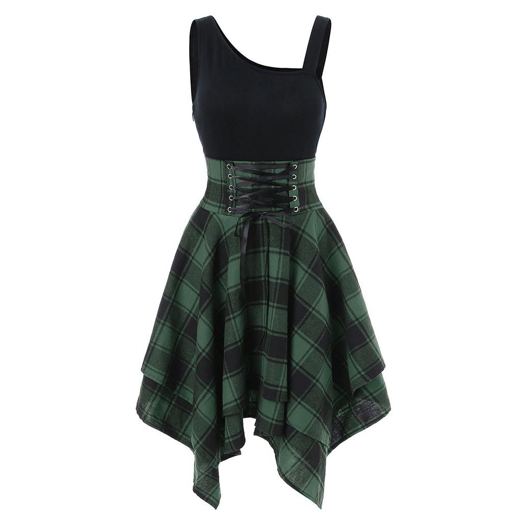 Fashion Women Sleeveless Cold Shoulder Cross  Plaid Print Irregular Dress