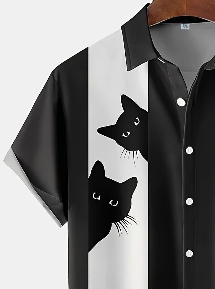 Aspersio Short Sleeve Cat Print Collared Retro Patterned and Flashy Top for Street Cat Print Summer Wear Shirt, Unique, Fun, Men, Cool, Colorful,