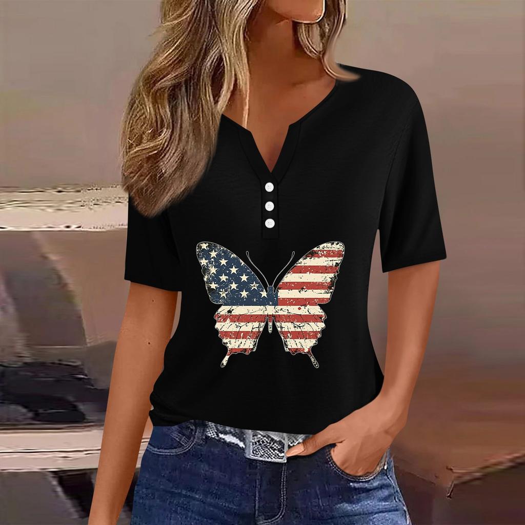Women's T Shirt Tee Independence Day Print Button Short Sleeve Daily Weekend Fashion Basic V-Neck Regular Top