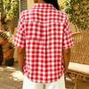 Women's Fashion Casual Plaid Short Sleeve Button Down Shirt with Turn Down Collar, Relaxed Fit Checkered Pattern Top for Women, New Arrival Blouse
