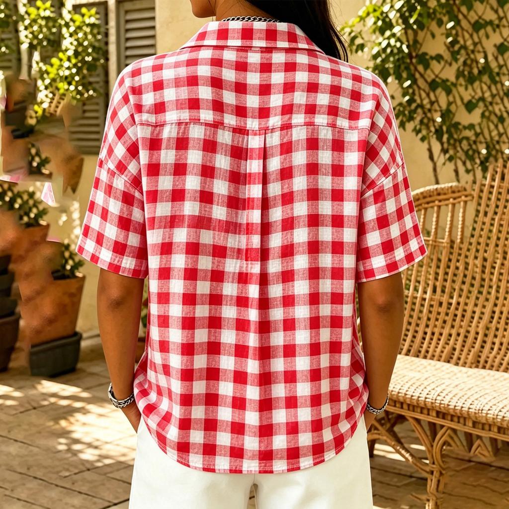 Women's Fashion Casual Plaid Short Sleeve Button Down Shirt with Turn Down Collar, Relaxed Fit Checkered Pattern Top for Women, New Arrival Blouse