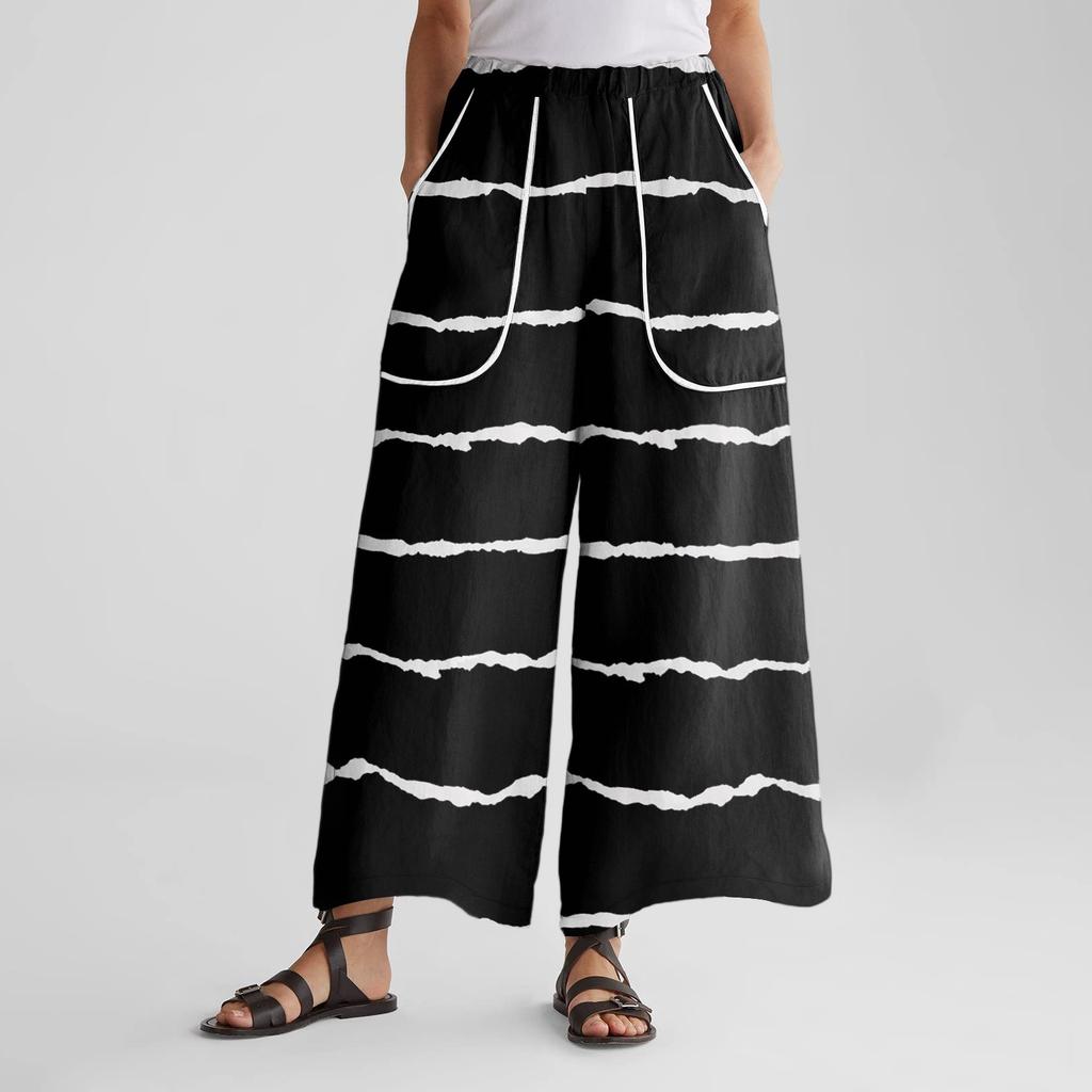 Women's Wide Leg Pants With Elastic Waistband, Retro Printed Large Pockets, Patchwork Loose Pants