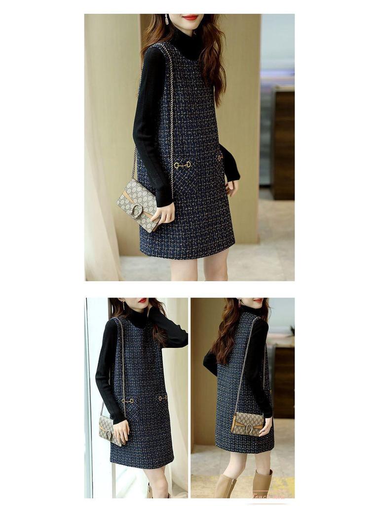 Elegante Vestido Colete de Tweed Francês - Gola Redonda, Design Emagrecedor, Estilo Ligeiramente Perfumado para Primavera e Outono