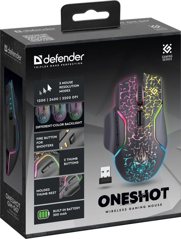 Mysz Bezprzewodowa Defender ONESHOT GM-067 Optyczna 3200dpi Czarna RGB AKUMULATOR 7 Przycisków Gaming