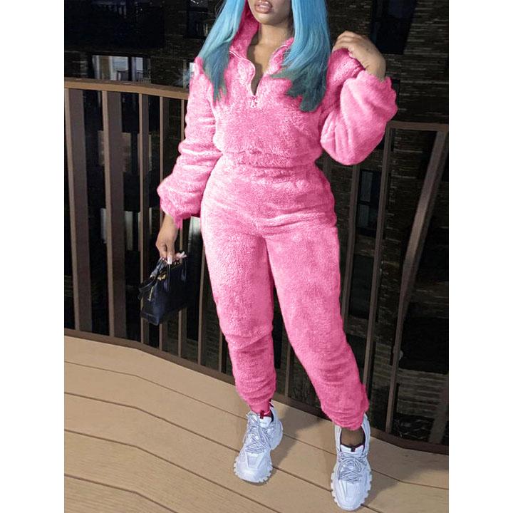 Winter Plush Two Piece Set Casual Home Warm Suit For Women Fashion Zipper Lapel Pullover Top Elastic Waist Trousers Suit