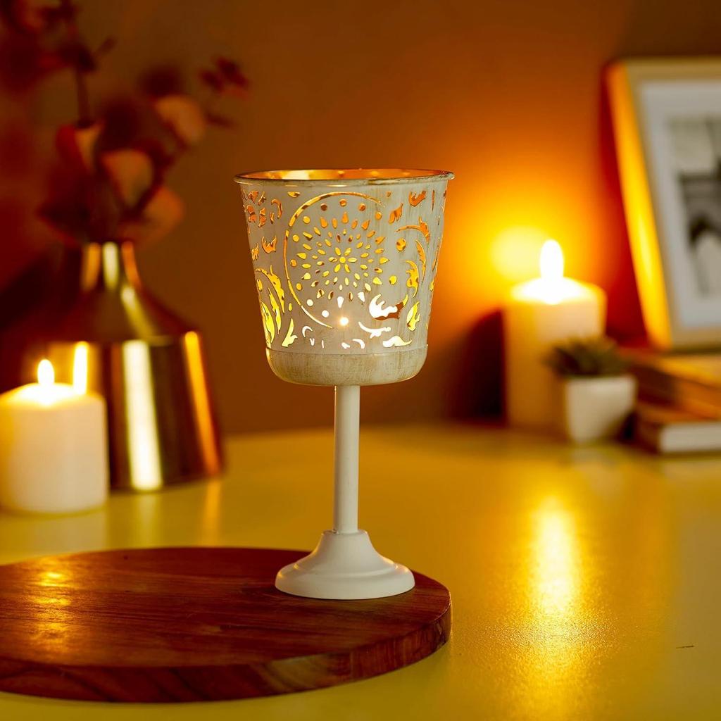 Ornamental Iron Tea Light | Stylish | for Indoors & Outdoors Décor (White with Gold Texture)