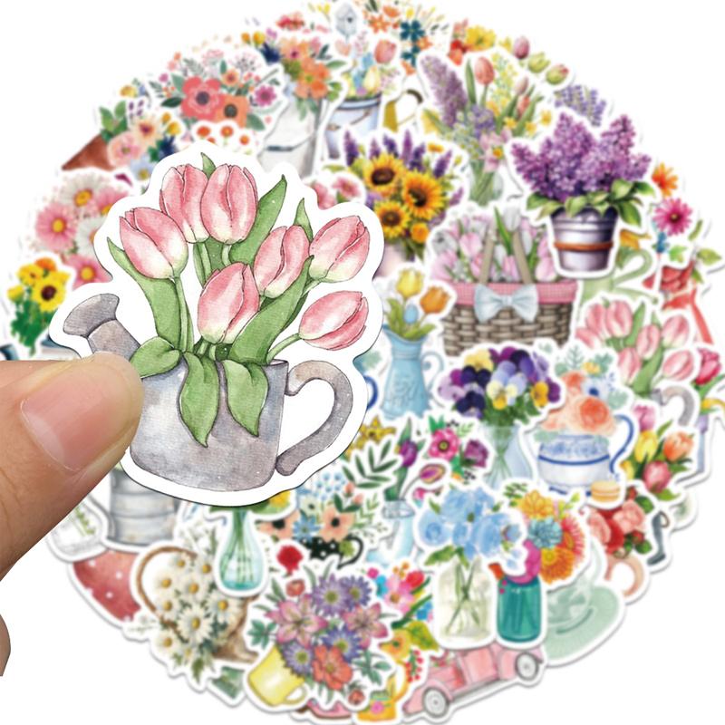 50 Pcs Potted Flower Stickers Cartoon Vinyl Waterproof Plants Sticker for Laptops Water Bottles Flower Pots Vases Guitar Decals