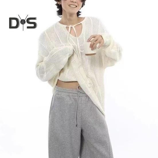 Pánský svetr podzim zima dutý elastická stahovací šňůrka dlouhý rukáv jednobarevný pletený pulovr top výstřih do V střední délka teplé pletené zboží