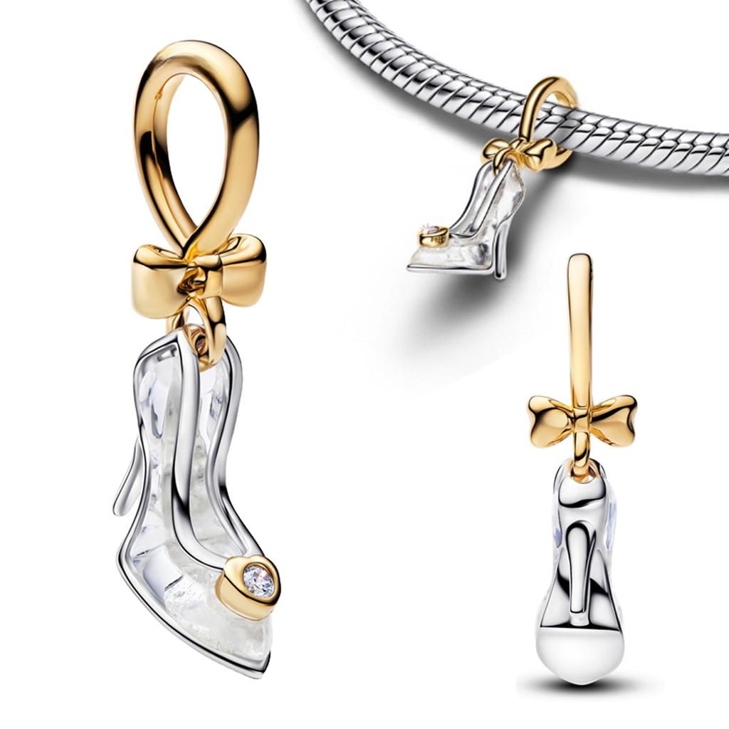 Prata 925 Pingente Sapatinho de Cristal Envelope Rosa Tulipa Floral Chave Dourada Espada Abelha Cigarra Borboleta Contas Colar Encaixe Pulseira