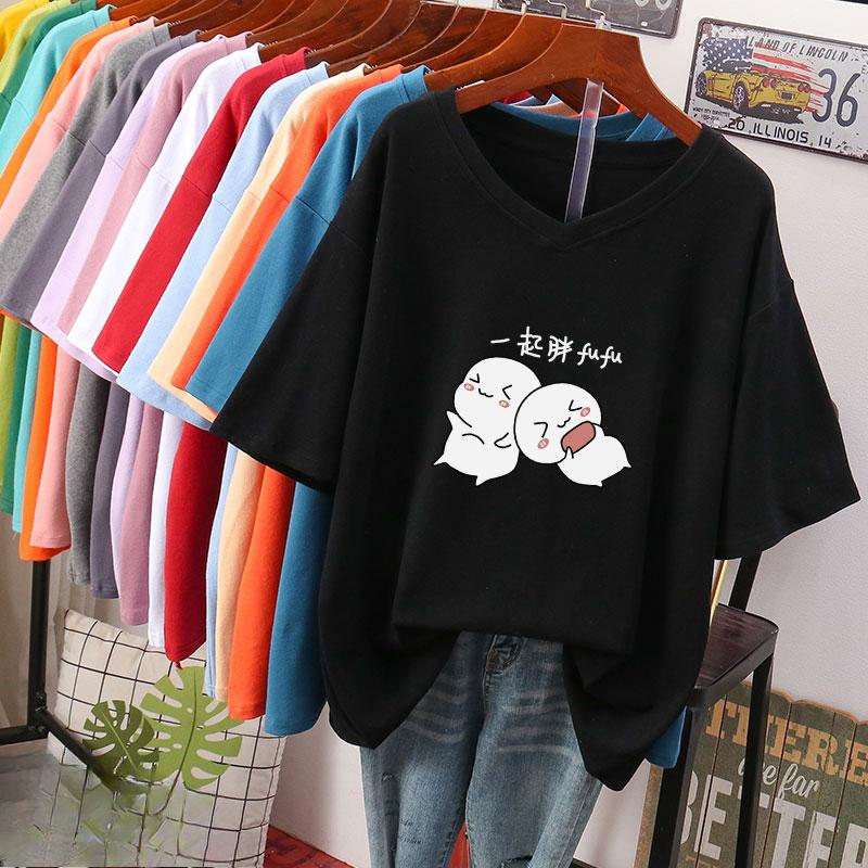 Camiseta de manga curta, Solta, Top V-neck Estampado Emagrecedor para Mulheres