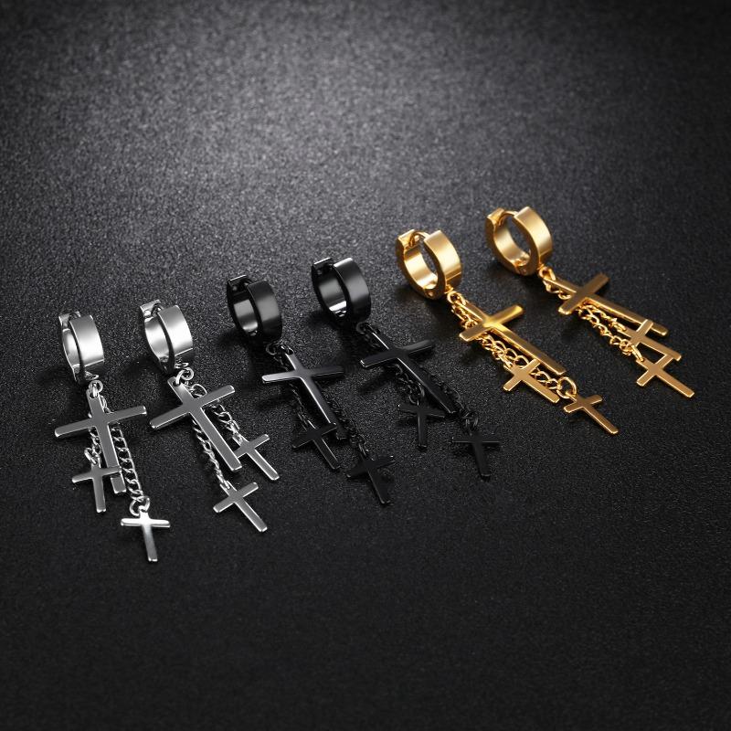 Titanium Steel Three Cross-shaped Earrings with Ear Hooks, Chain and Tassel Accessories, Ear Jewelry Pieces