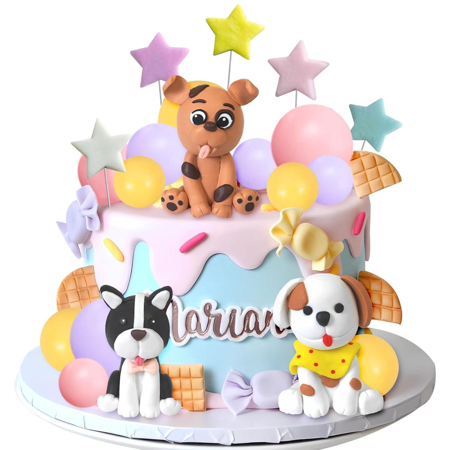 

Dog Cake Topper Clay Figurines Puppy Star Yellow Pink Purple Ball Cake Topper for Dog Theme Birthday Dog Pet Party Supplies