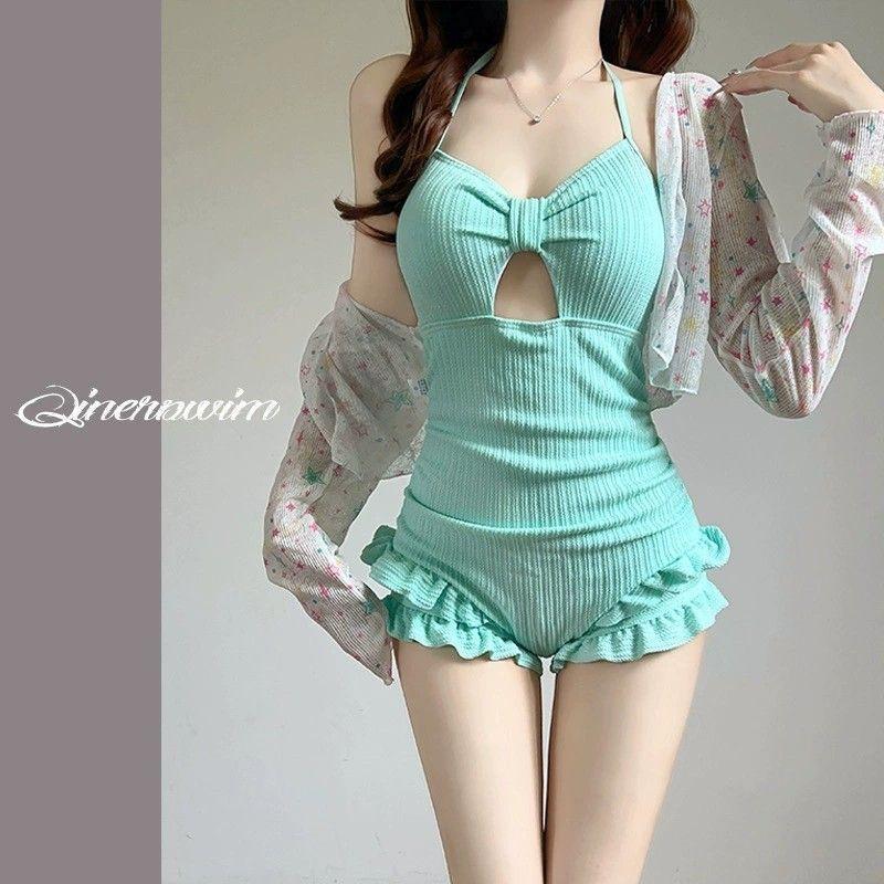 

South Korean Ins Sweet Girl Solid Color Conservative Gathered Sunscreen Blouse Boxer One-piece Swimsuit Hot Vacation M зелёный
