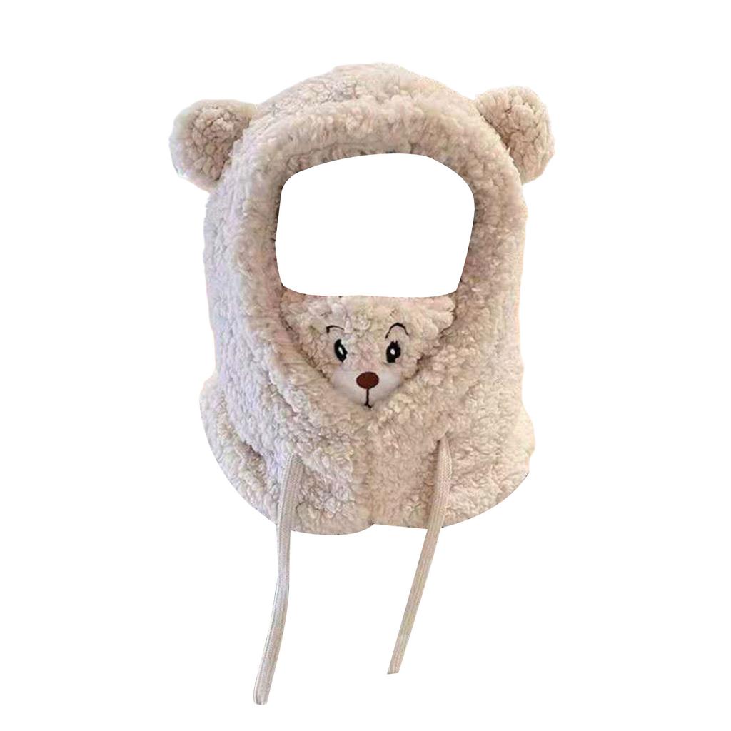 Bear Pattern Plush Scarf Hat with Face Cover Kids Outdoor Windproof Neck Warmer Beanies ?Hat Thick Warm Masked Hood Caps
