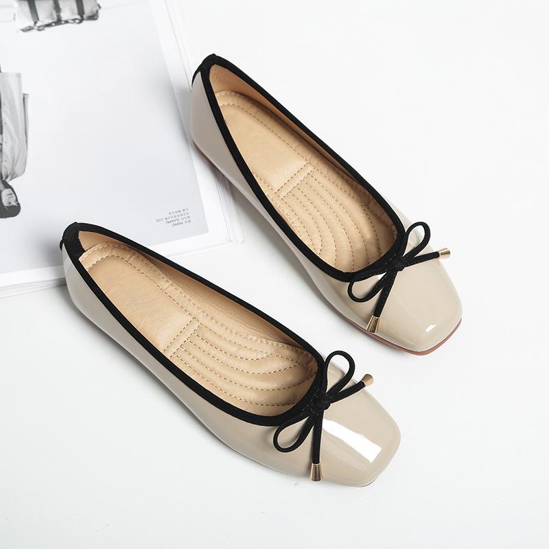 Fashion candy color japanned leather ballet flats women square toe cozy mocasines female bowknot slip on loafers tenis de mujer 2025