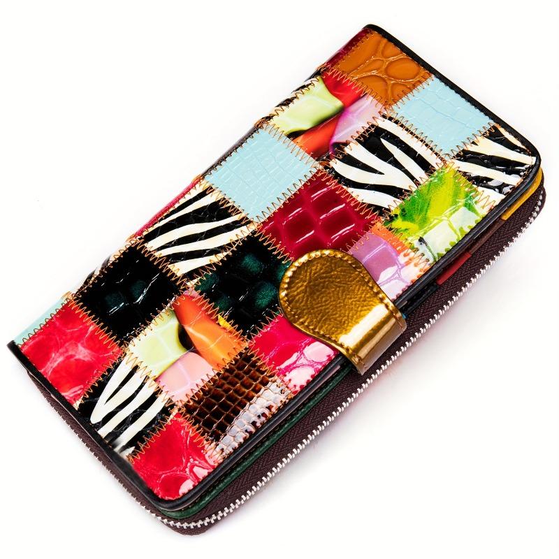 Genuine Leather Bifold Wallet, Vintage Colorblock Coin Purse, Retro Patch Work Credit Card Holder