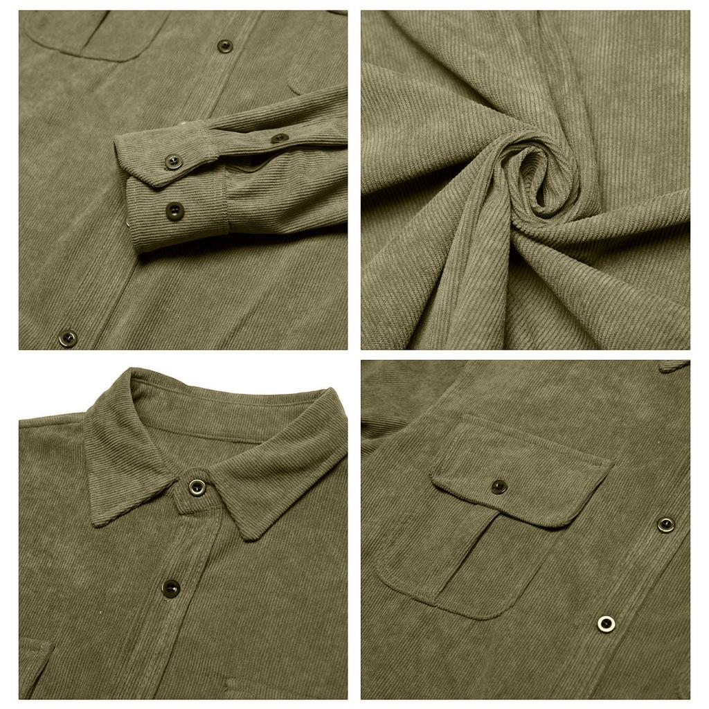Men's Corduroy Shirt Slim Fit Long Sleeve Button Down Casual Business Shirt Two Chest Pockets Classic Collar Soft Fabric