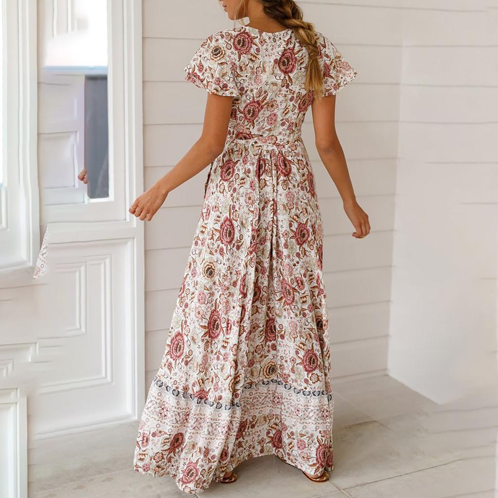 Damen Sexy V-Ausschnitt Strickjacke Broken Bouquet Taillengürtel Split Print Langes Kleid