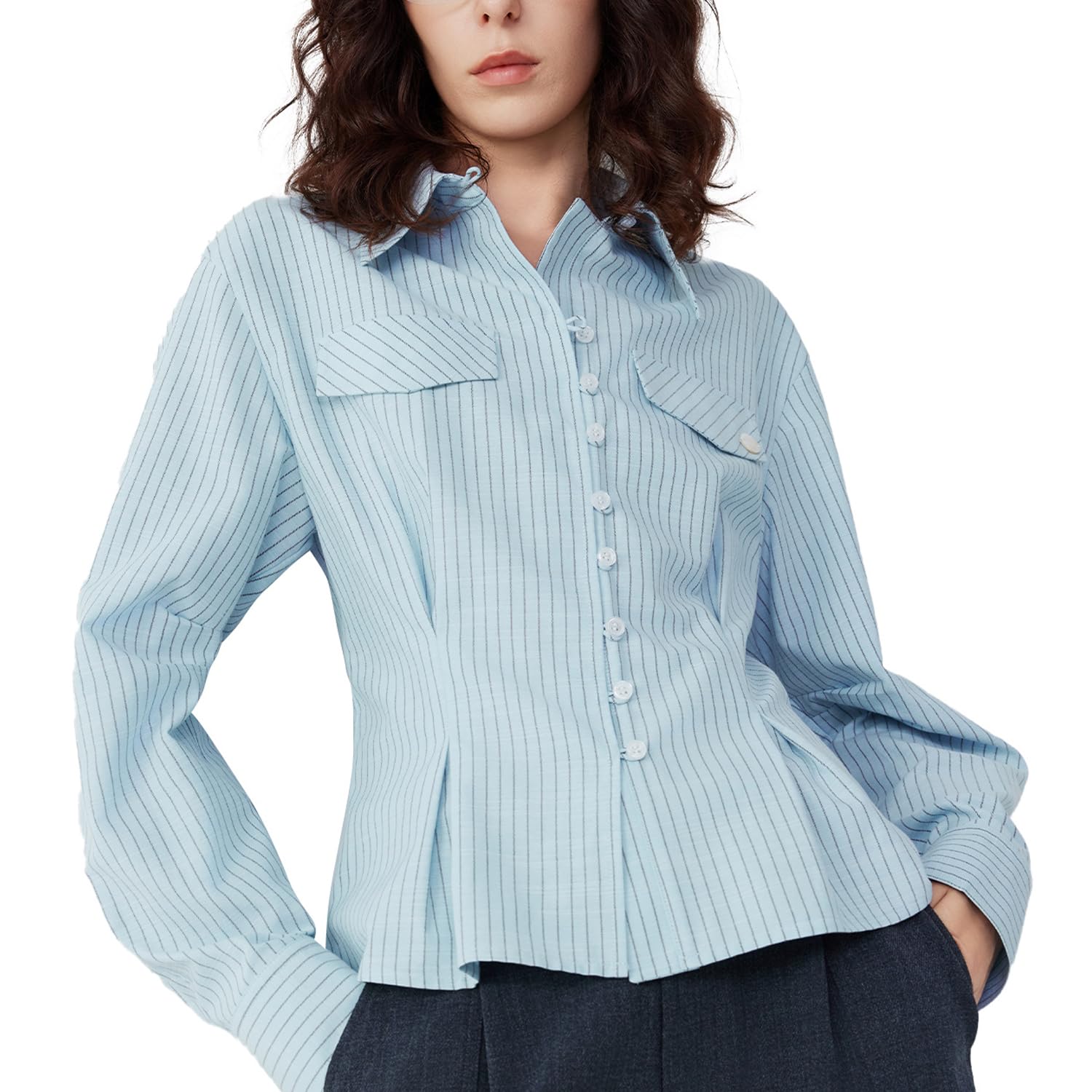 [ELLE] Women s Blouse, Striped, Cotton Blend, Waist Silhouette, 3D Cut, Curved Hem, Blue, S M L