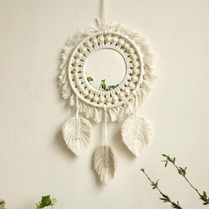Boho Decorative Mirrors Macrame Round Mirror Aesthetic Room Decor Hanging Wall Mirror for Bedroom Living Room House Decoration