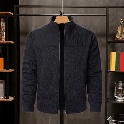 Fall Winter Men Jacket Knitted Patchwork Zipper Closure Stand Collar Cardigan Long Sleeves Mid Length Slim Fit Thermal Coat