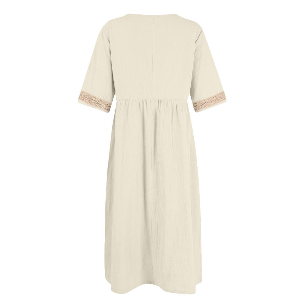 Women's Fashionable Casual Solid Color Short Sleeved Lace V-Neck Waist Cinched Dress