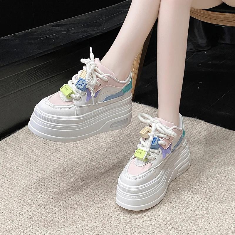 Móda Dámské 9CM Kožené Tenisky Podzim Jaro Šněrovací Ležérní Vycházková Obuv Robustní Tenisky Vysoká Platforma Sportovní Skate Obuv Žena