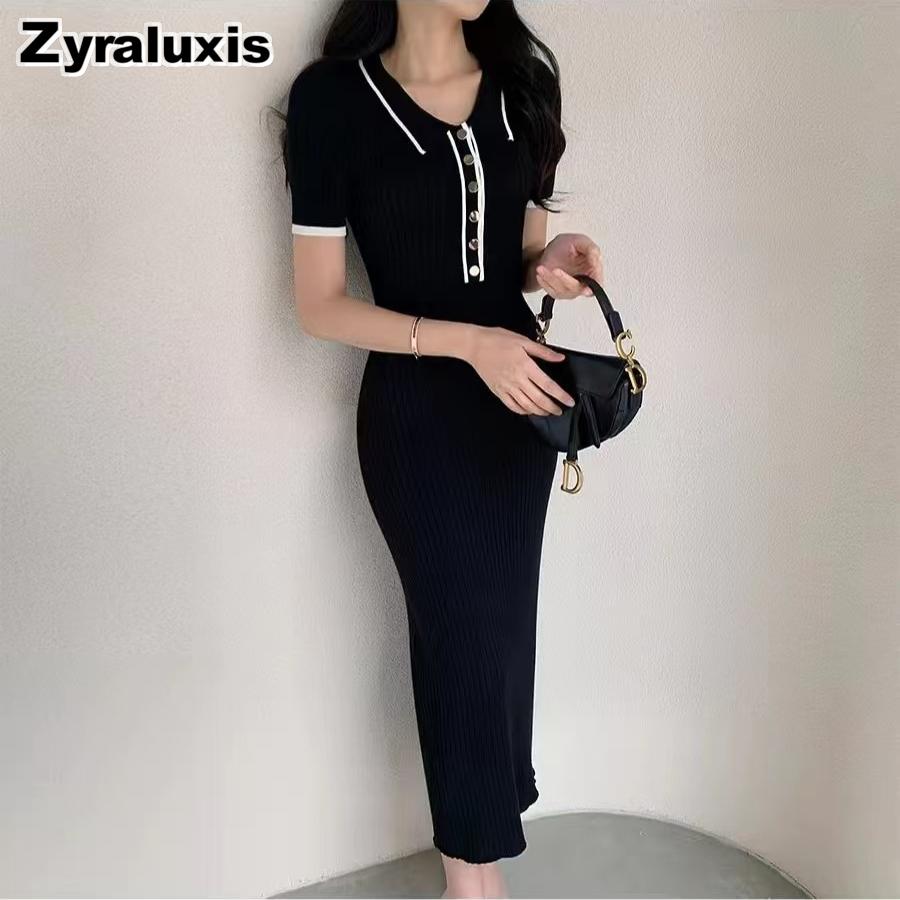 Korean Chic Retro Polka Dot Elastic Slim Fit High-Waisted Knit Bodycon Dress