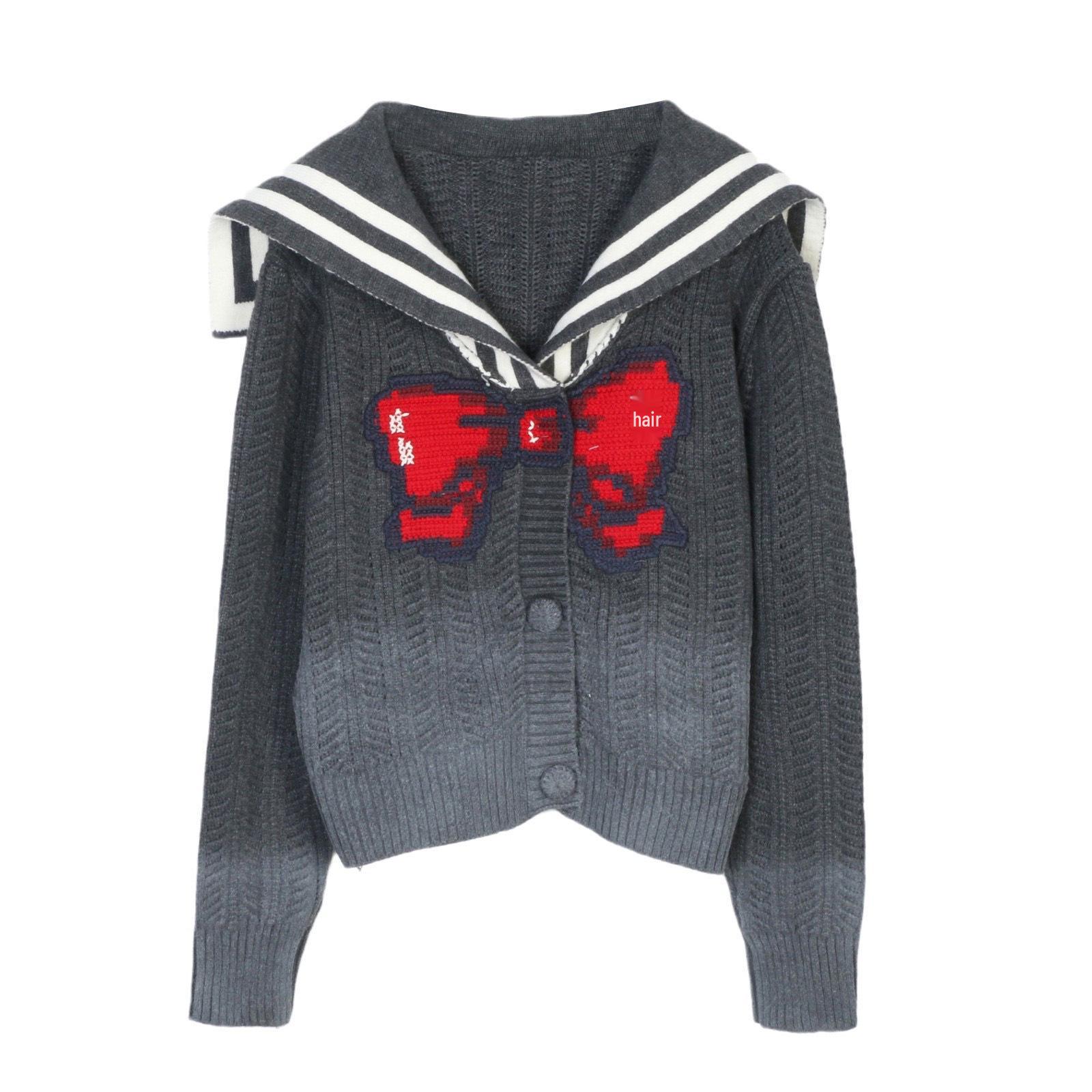 

Женский вязаный кардиган с темно-синим воротником и бантом - Модный свитер в корейском стиле Large