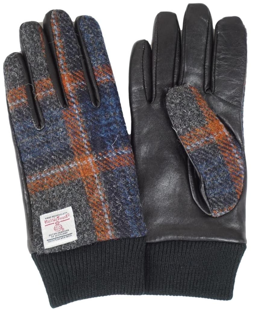 Sleeping Sheep Harris Tweed Leather Combination Smartphone with Orange CK Men's Gloves, Compatible, Fleece-Lined, 24cm, Case, (with Cuffs)