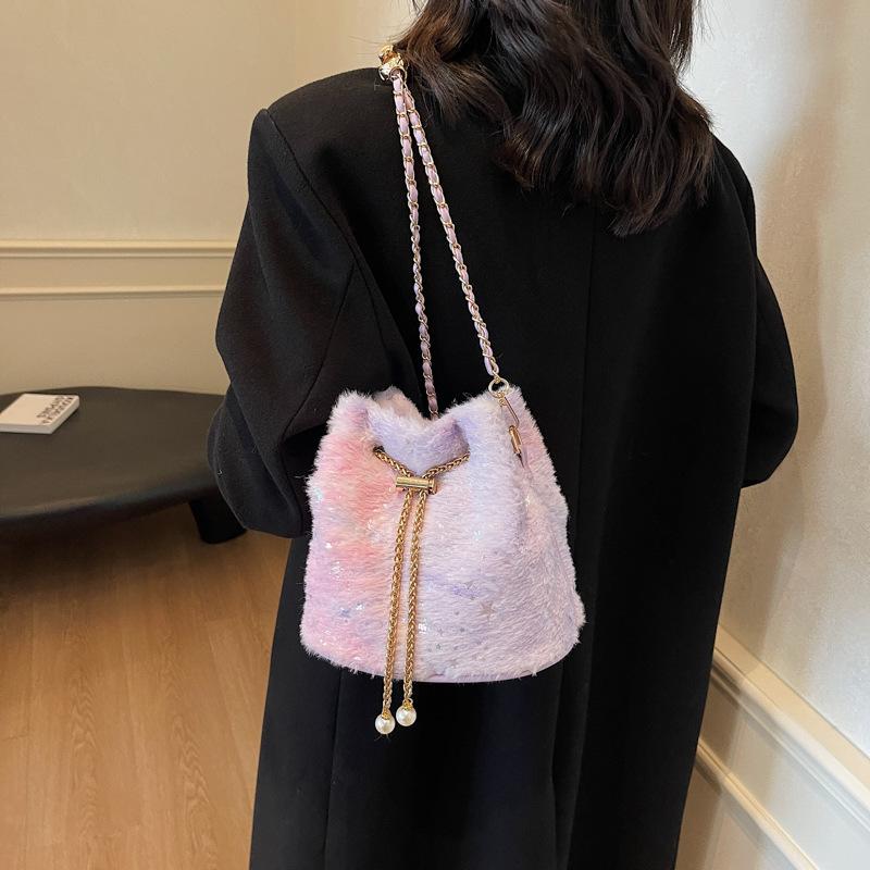 2025 New Cute Cartoon Plush Bag Women's Oblique Span Bag Fashion Trend Shiny Bag