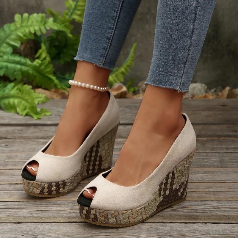 High Heel Single Shoes Frühling Neu Runde Spitze Rindsleder Set Fuß Wasserdicht Plateau Anti-Rutsch Verschleißfest Keilabsatz Schuhe