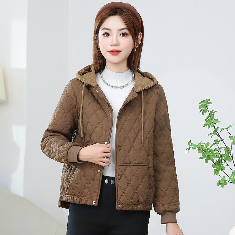 Krótka, bawełniana, lekka, rombowa, zachodnia kurtka damska, cienka, z kapturem, puchowa, zimowa, ciepła, ocieplana bawełną