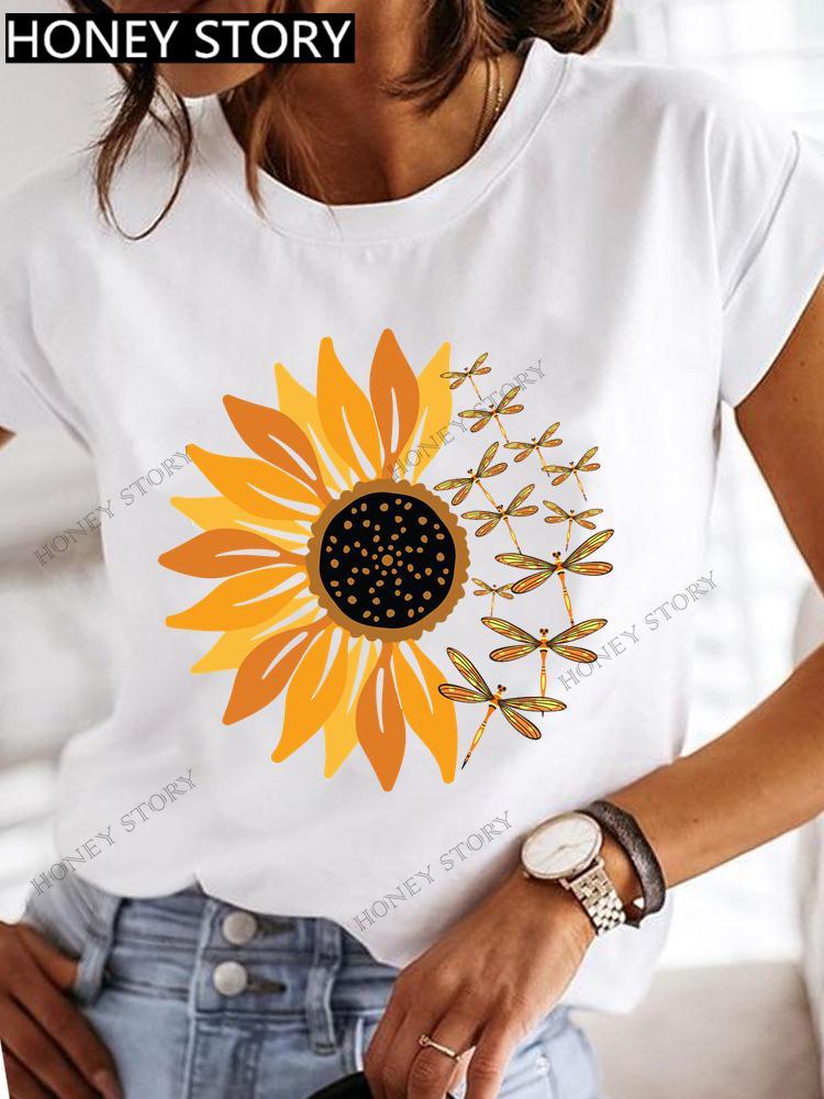 Dragonfly Butterfly Print Base Top Loose Women's Short-sleeved T-shirt Round Neck Oversized T Shirt  Women Clothes