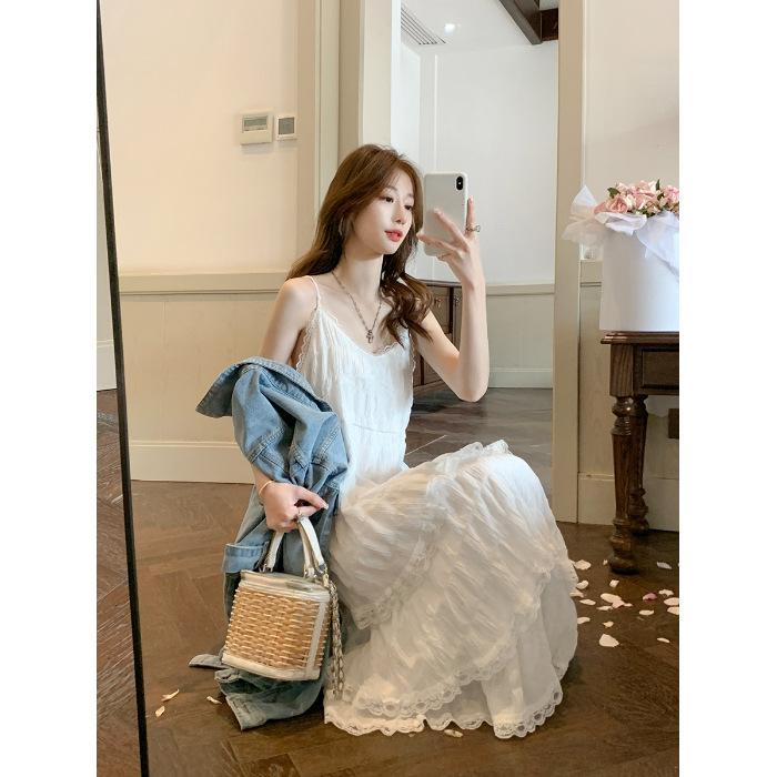

Popular] French pure desire wind V-neck suspender dress beach dress super fairy seaside vacation temperament sweet cake S белый